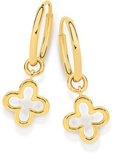9ct+Mother+of+Pearl+Clover+Drop+Flex+Hoop+Earrings