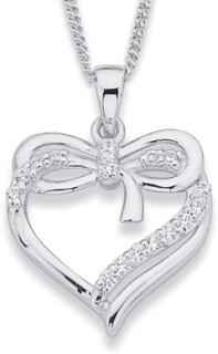 Sterling+Silver+Cubic+Zirconia+Heart+with+Ribbon+Pendant