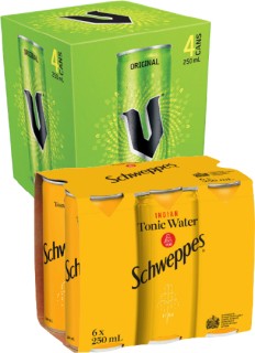 V+Energy+Drink+Range+4+x+250ml+Cans+or+Schweppes+Range+6+x+250ml+Cans