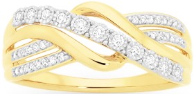 9ct+Two+Tone+Diamond+Swirl+Crossover+Ring