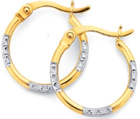 15mm+Diamond+Cut+Hoop+Earrings+in+9ct+Yellow+and+White+Gold