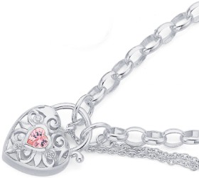 Sterling+Silver+19cm+Pink+Cubic+Zirconia+Padlock+Bracelet