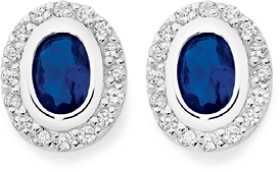 Sterling+Silver+Bezel+Blue+Glass+%26amp%3B+Cubic+Zirconia+Oval+Studs
