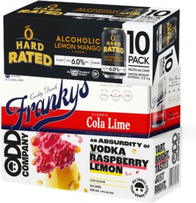 Hard-Rated-Range-6-Frankys-Range-6-or-Odd-Company-Vodka-Range-6-10-X-330mL-Cans on sale