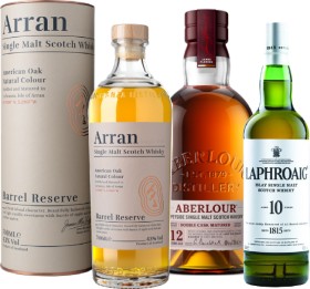 Aberlour-12yo-Single-Malt-Whisky-700mL-Laphroaig-10yo-Single-Malt-Whisky-700mL-or-The-Arran-Barrel-Reserve-Single-Malt-Whisky-700mL on sale