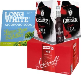 Long-White-Range-48-10-X-320mL-Bottles-Cruiser-Cola-48-12-X-275mL-Bottles-or-Smirnoff-Ice-Original-5-12-X-250mL-Cans on sale