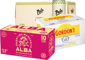 Alba+Sparkling+Range+5.9%25+10+X+250mL+Cans%2C+Pals+Margarita+Range+5.8%25+10+X+250mL+Cans+or+Gordon%26rsquo%3Bs+Gin+%26amp%3B+Tonic+Slimline+7%25+12+X+250mL+Cans
