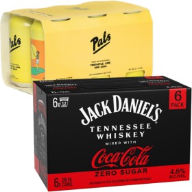 Jack-Daniels-Coca-Cola-Zero-48-or-Pals-Vodka-Pineapple-Lime-Soda-5-6-X-330mL-Cans on sale