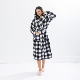 Solace+Check+Hooded+3%2F4+Length+Plush+Bathrobe+Black%2FWhite