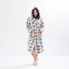 Solace+Check+Hooded+3%2F4+Length+Plush+Bathrobe+Denim