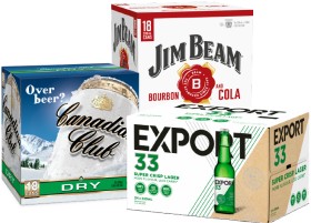 Canadian-Club-Dry-or-Zero-Sugar-48-Jim-Beam-Cola-or-Zero-Sugar-48-18-x-330ml-Cans-or-Export-33-24-x-330ml-BottlesCans on sale