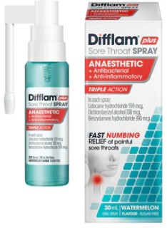 Difflam-Plus-Sore-Throat-Spray-Anaesthetic-Antibacterial-Anti-Inflammatory-Watermelon-225-Sprays-30mL on sale