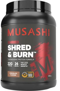 Musashi-Shred-Burn-Protein-Powder-Chocolate-Protein-Shake-900g on sale