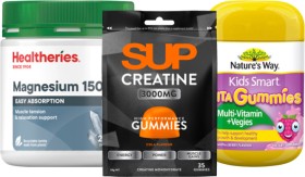 Healtheries-Magnesium-150mg-200s-Natures-Way-Kids-Smart-Gummies-90-110s-or-SUP-Creatine-Gummies-35s on sale