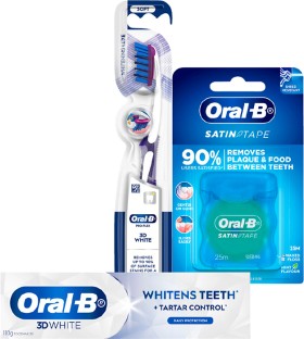 Oral-B-3D-Whitening-110g-Toothbrush-1-Pack-or-Satin-Tape-25m on sale
