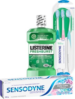 Sensodyne-Daily-Care-100g-Toothbrush-3-Pack-or-Listerine-Freshburst-500ml on sale