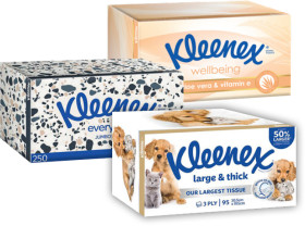 Kleenex-Tissues-Everyday-250s-Extra-Care-140s-or-Large-Thick-95s on sale