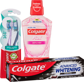 Colgate-Advanced-Whitening-180200g-Sensitive-110g-Plax-Gentle-500ml-or-360-2-Pack on sale