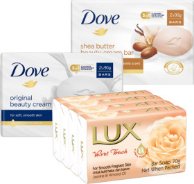 Dove-Beauty-Bar-2-Pack-or-Lux-Bar-Soap-4-Pack on sale