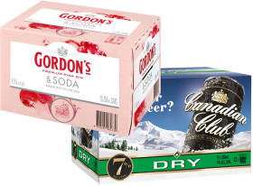 Gordons-Premium-Pink-Gin-Soda-or-Tropical-Passionfruit-4-or-Canadian-Club-Premium-Dry-7-12-x-250mL-Cans on sale
