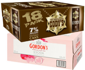 Codys-Cola-7-or-Gordons-Premium-Pink-Gin-Soda-4-18-x-250mL-Cans on sale