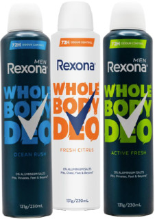 Rexona-Deo-Whole-Body-Odour-Range-230mL on sale