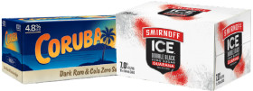 Coruba-Cola-Zero-Sugar-48-10-x-330mL-Cans-or-Smirnoff-Ice-Double-Black-Guarana-Zero-Sugar-7-12-x-250mL-Cans on sale