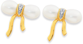 9ct-Freshwater-Pearl-Diamond-Bow-Studs on sale
