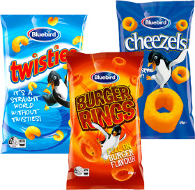 Bluebird-Burger-Rings-Twisties-or-Cheezels-110-120g on sale