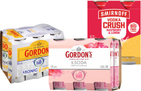 Gordons-Gin-Tonic-Slimline-7-Gordons-Premium-Pink-Gin-Soda-4-6x250mL-Cans-or-Smirnoff-Vodka-Crush-Range-57-4x440mL-Cans on sale