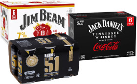 Jim-Beam-Cola-7-Barrel-51-7-or-Jack-Daniels-Coca-Cola-48-6-x-330mL-Cans on sale