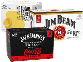 Clean-Collective-Range-5-6-x-250mL-Cans-Jim-Beam-Zero-Sugar-Cola-7-or-Jack-Daniels-Coca-Cola-Zero-48-6-x-330mL-Cans on sale
