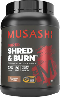 Musashi-Shred-Burn-Protein-Powder-Chocolate-Protein-Shake-900g on sale