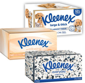 Kleenex-Tissues-Everyday-250s-Extra-Care-140s-or-Large-Thick-95s on sale
