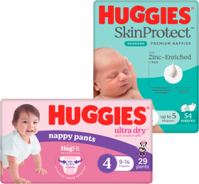 Huggies-Bulk-Nappies-30-54-Pack-or-Nappy-Pants-24-29-Pack on sale