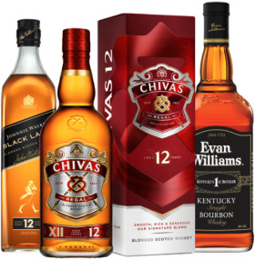 Johnnie-Walker-Black-Label-Blended-Scotch-Whisky-700mL-Chivas-Regal-12yo-Blended-Scotch-Whisky-700mL-or-Evan-Williams-Black-Label-Bourbon-1L on sale