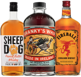 Sheep-Dog-Peanut-Butter-Whiskey-Shankys-Whip-Irish-Whisky-Liqueur-or-Fireball-Cinnamon-Whisky-1L on sale