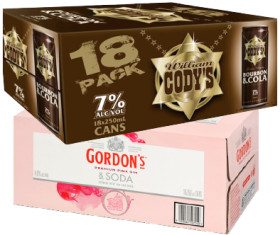 Codys-Cola-7-or-Gordons-Premium-Pink-Gin-Soda-4-18-x-250mL-Cans on sale
