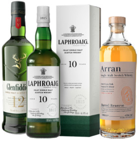 Glenfiddich-12yo-Single-Malt-Whisky-Laphroaig-10yo-Single-Malt-Whisky-or-The-Arran-Barrel-Reserve-Single-Malt-Whisky-700mL on sale