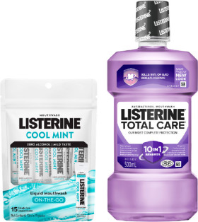 Listerine-Total-Care-500ml-or-Cool-Mint-10x-15ml on sale