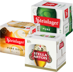 Stella-Artois-Steinlager-Pure-or-Pure-Gold-Bottles-12-Pack on sale